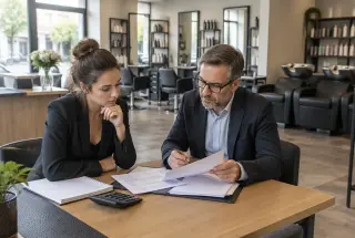 Une repreneuse et un conseiller examinent des documents financiers dans un salon de coiffure.