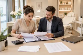 Une professionnelle de la beauté et un conseiller examinent des documents d’évaluation dans l’accueil lumineux d’un institut de beauté.