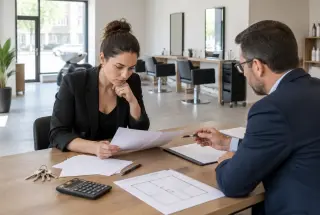 Entrepreneuse et conseiller juridique relisant un bail commercial dans un futur salon de coiffure.